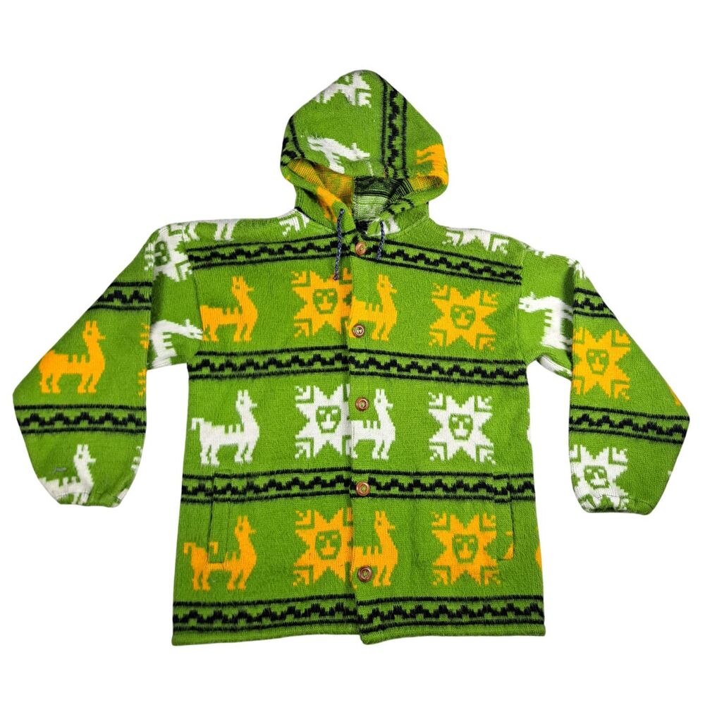 Vtg Genisis Wool Sweater Womens M Green Alpaca Southwestern Hooded Button Up
